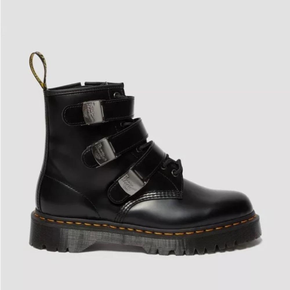 Dr Martens Fenimore Boots Size 7 Black Combat Leather Buckle Ankle EU 38